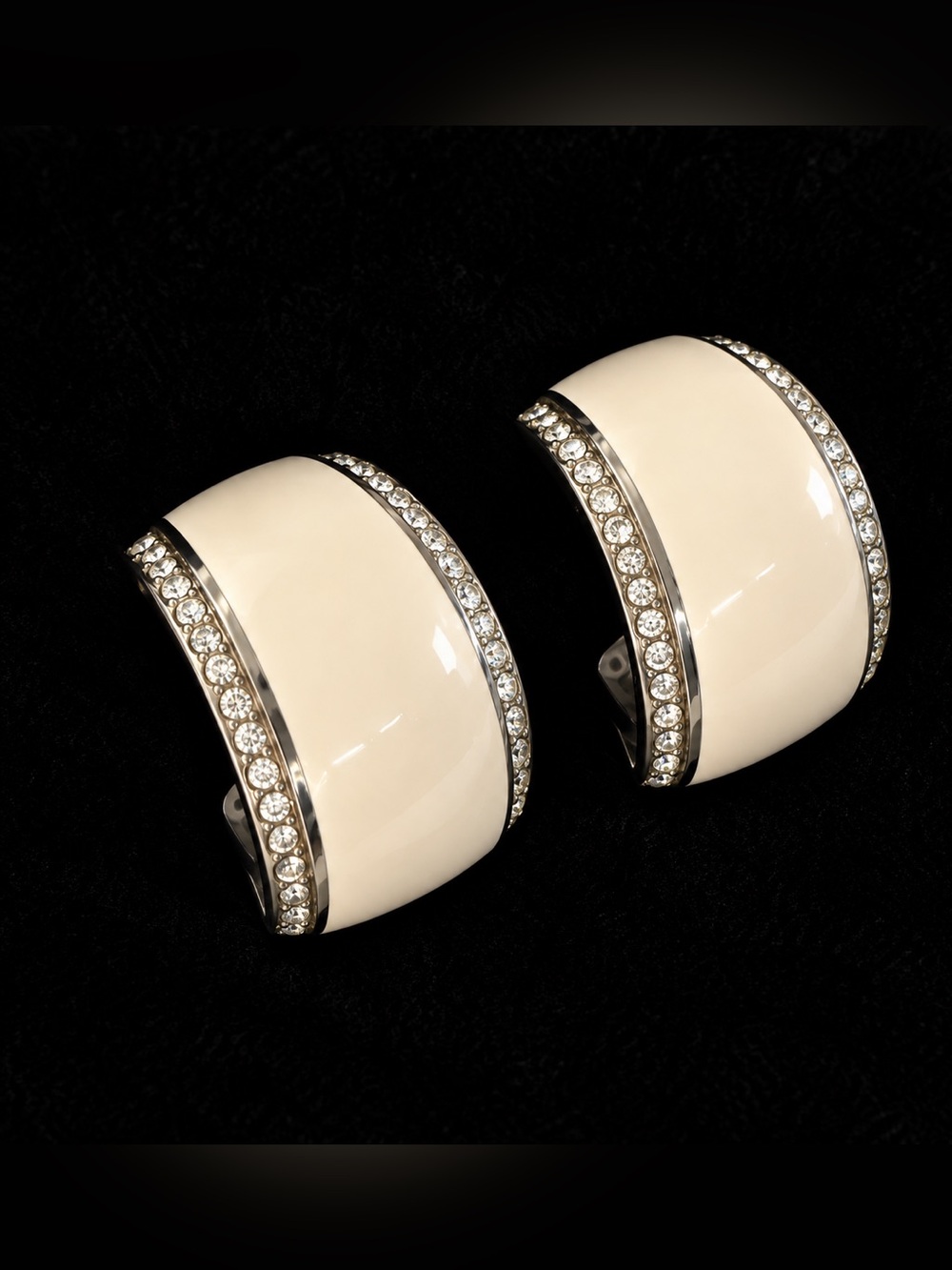 Fashion Jewelry Half Hoop Earrings with Cream Enamel and Rhinestones